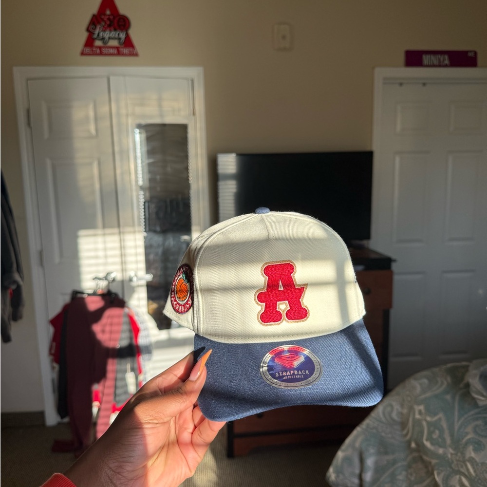 Cream and Blue Baseball Cap with Red 'A' Patch
